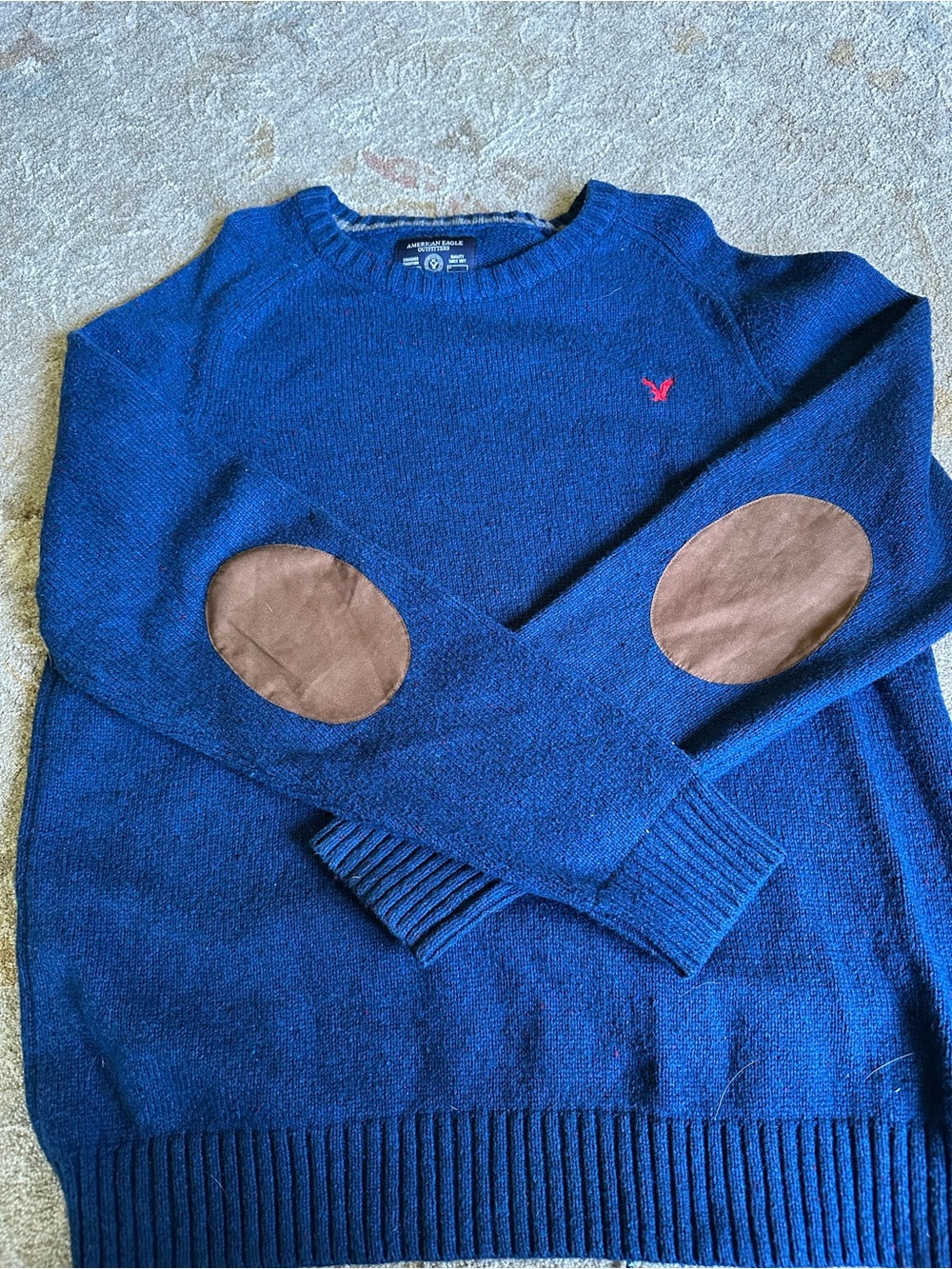 American Eagle Outfitters Navy Crewneck Sweater with Brown Elbow Patches